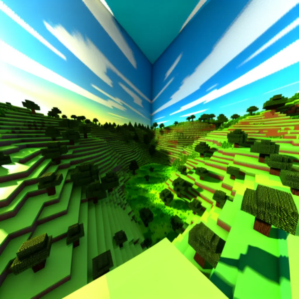 Blokowa panorama świata Minecraft z drzewami i wzgórzami