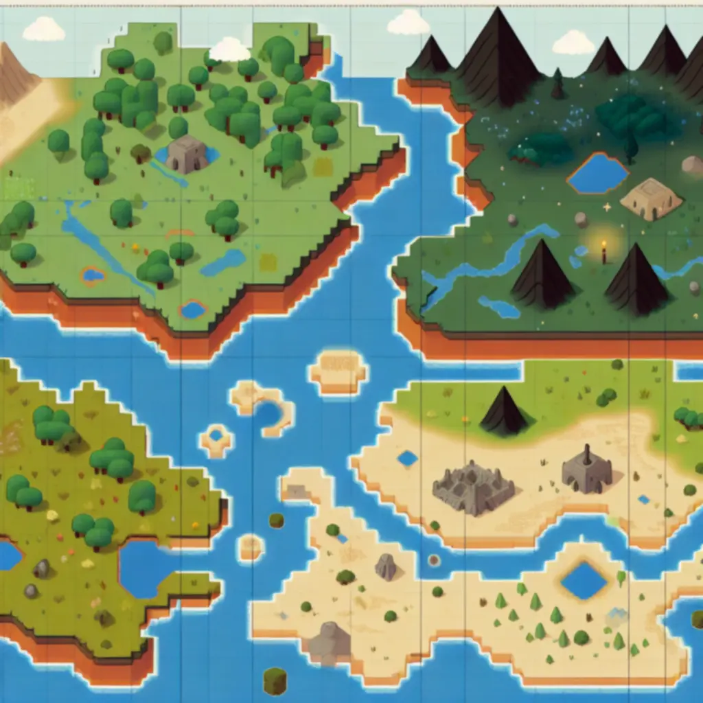 Stylizowana mapa biomów w Minecraft z oznaczonymi strukturami