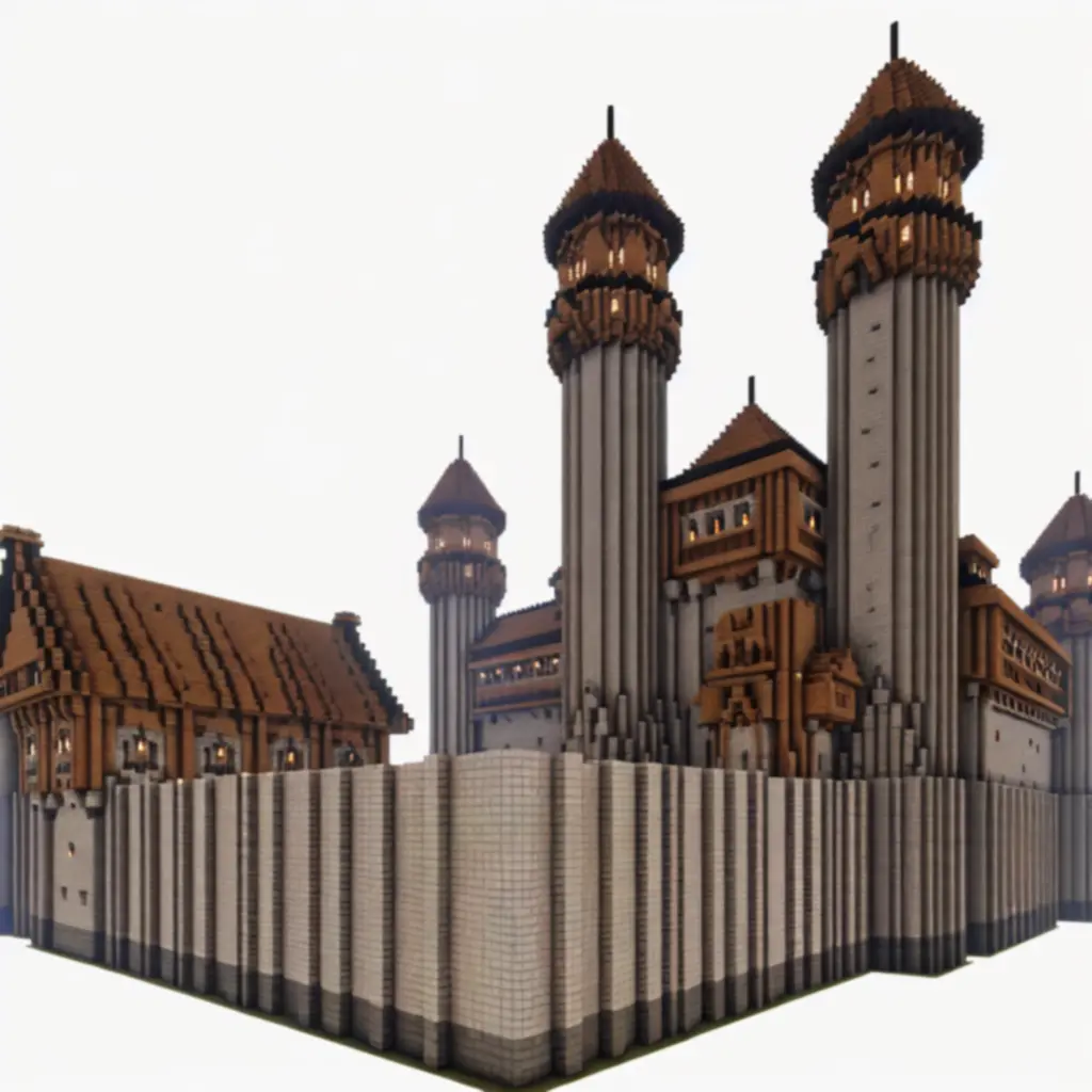Monumentalny zamek z murami i wieżami w stylu średniowiecznym
