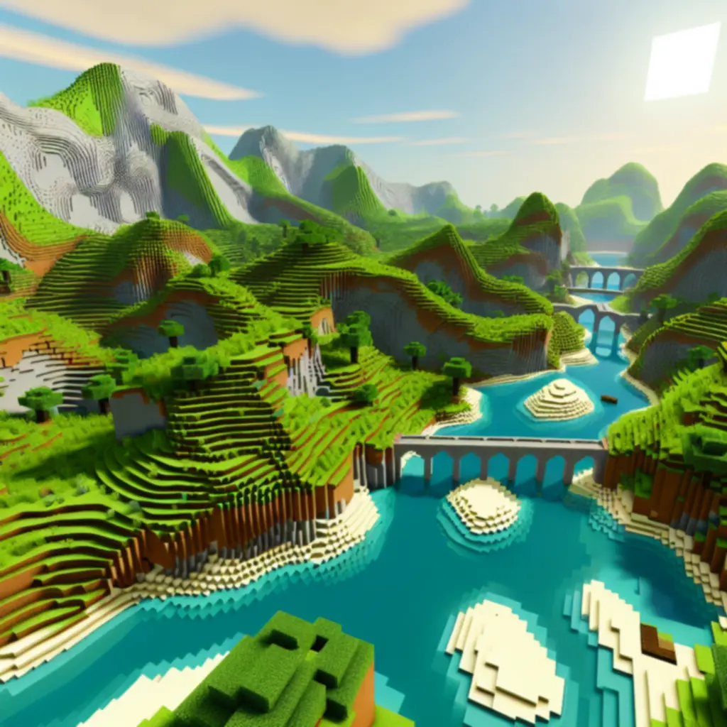 Rozległy terraforming doliny z rzeką i mostami