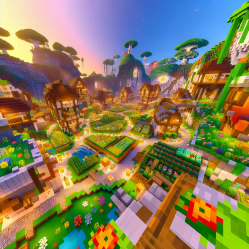 Kolorowa wioska graczy z mostami i farmami