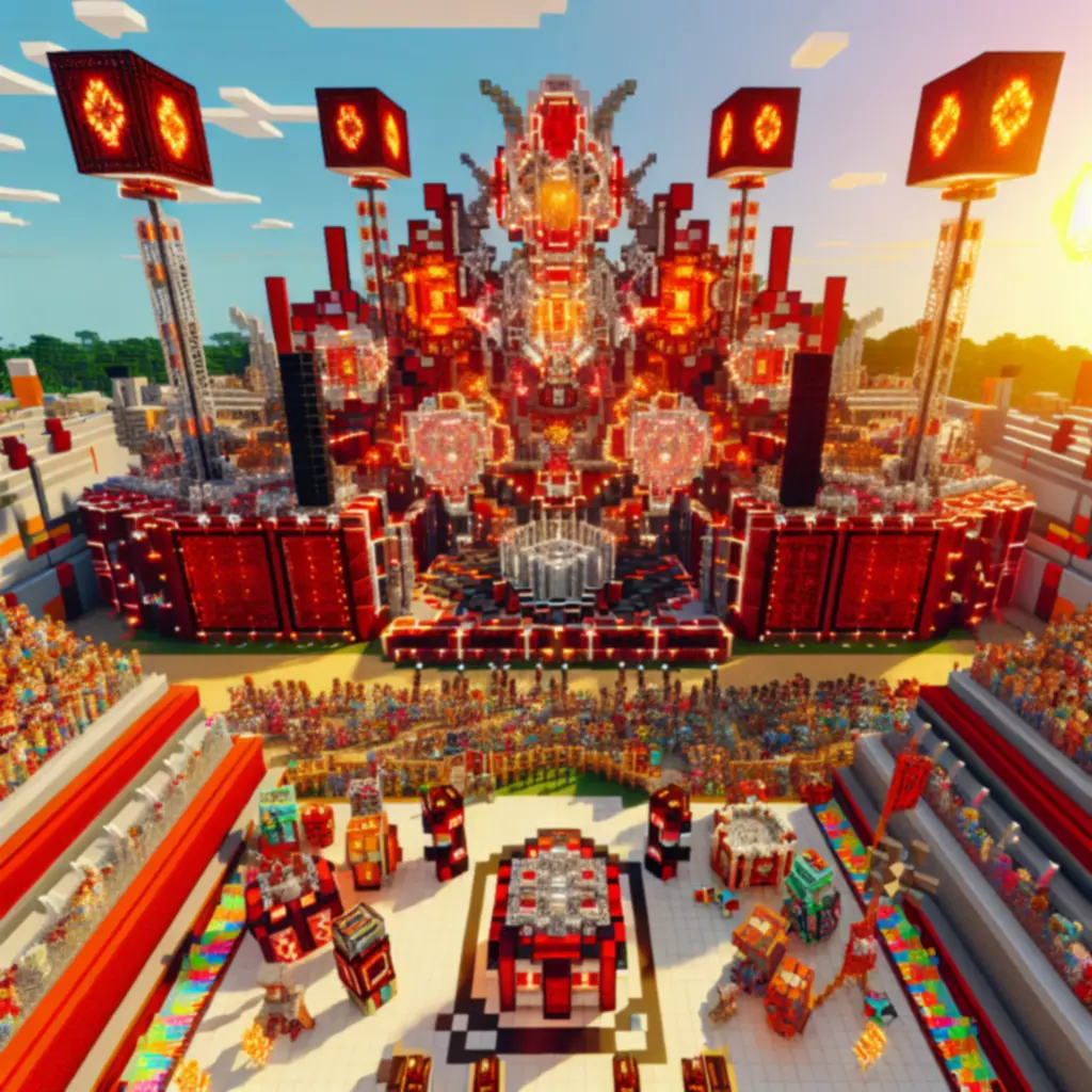 Scena eventowa Minecraft z czerwonym proszkiem redstone i mechanizmami