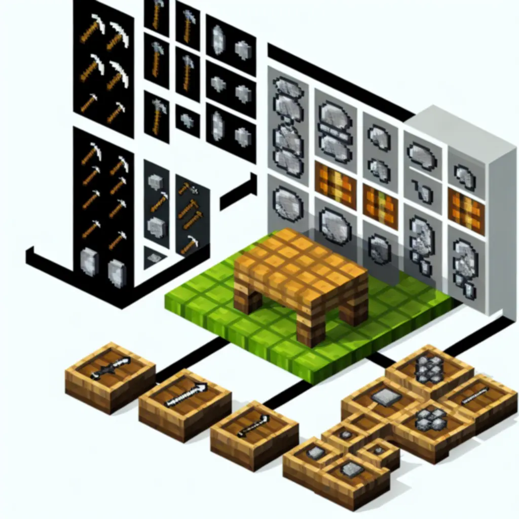 Stół rzemieślniczy Minecraft i przykładowe wzory receptur ułożonych z pikselowych bloków