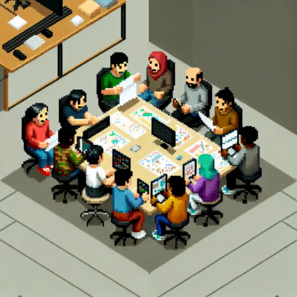 Zespół deweloperów analizujący wykresy i prototypy w pikselowym stylu