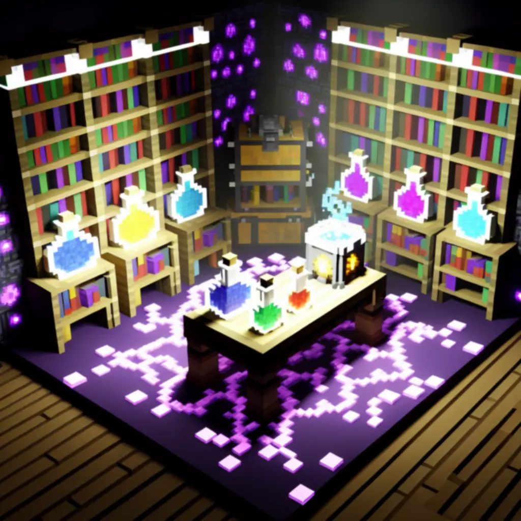 Stół do zaklinania oraz stojak alchemiczny z miksturami