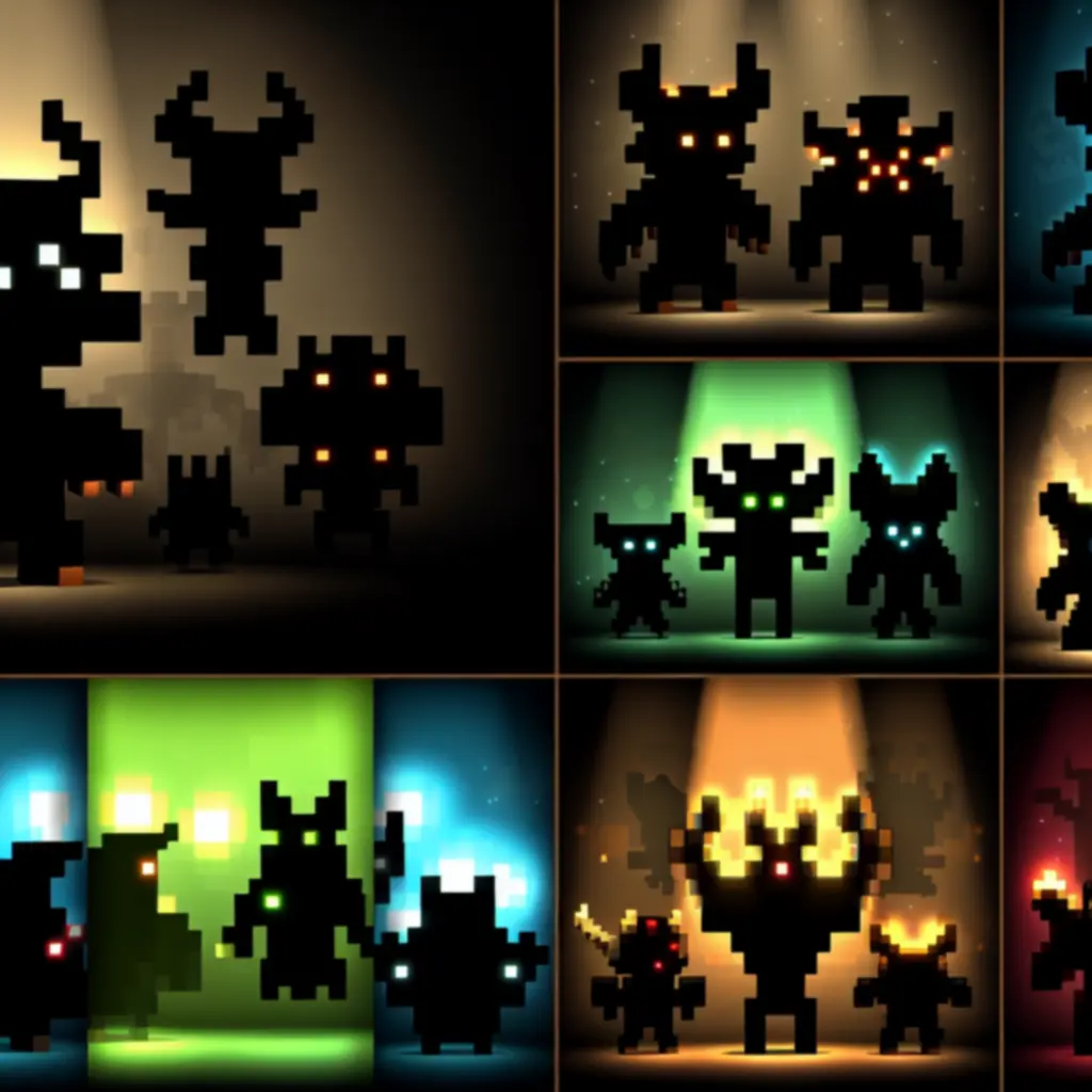 Sylwetki nowych mobów w dynamicznym, pikselowym świetle