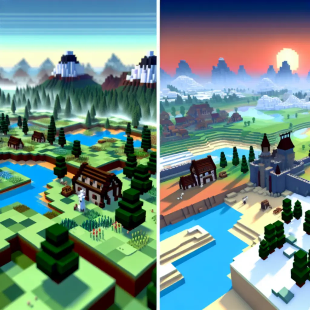 Panorama świata Minecraft z różnymi biomami i strukturami