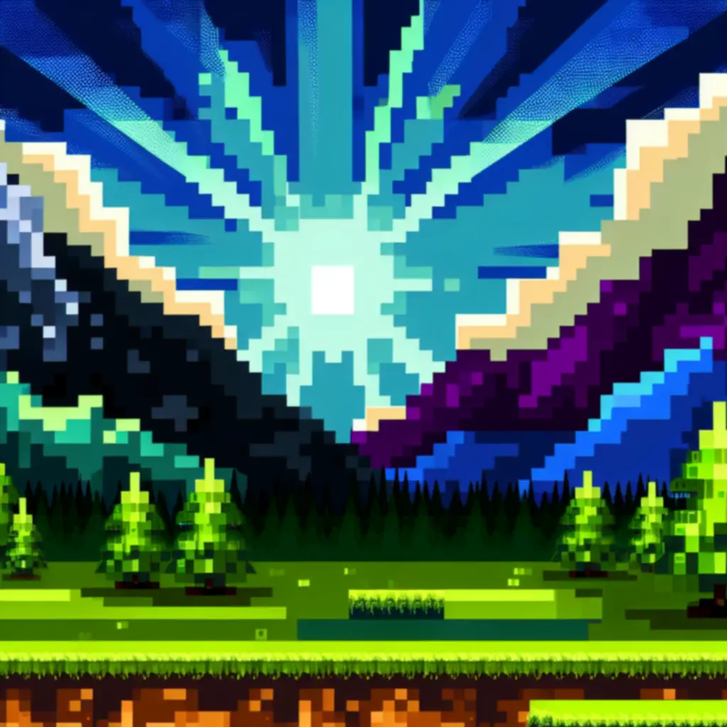 Blokowy krajobraz Minecraft z lasem i górami w pikselowym stylu