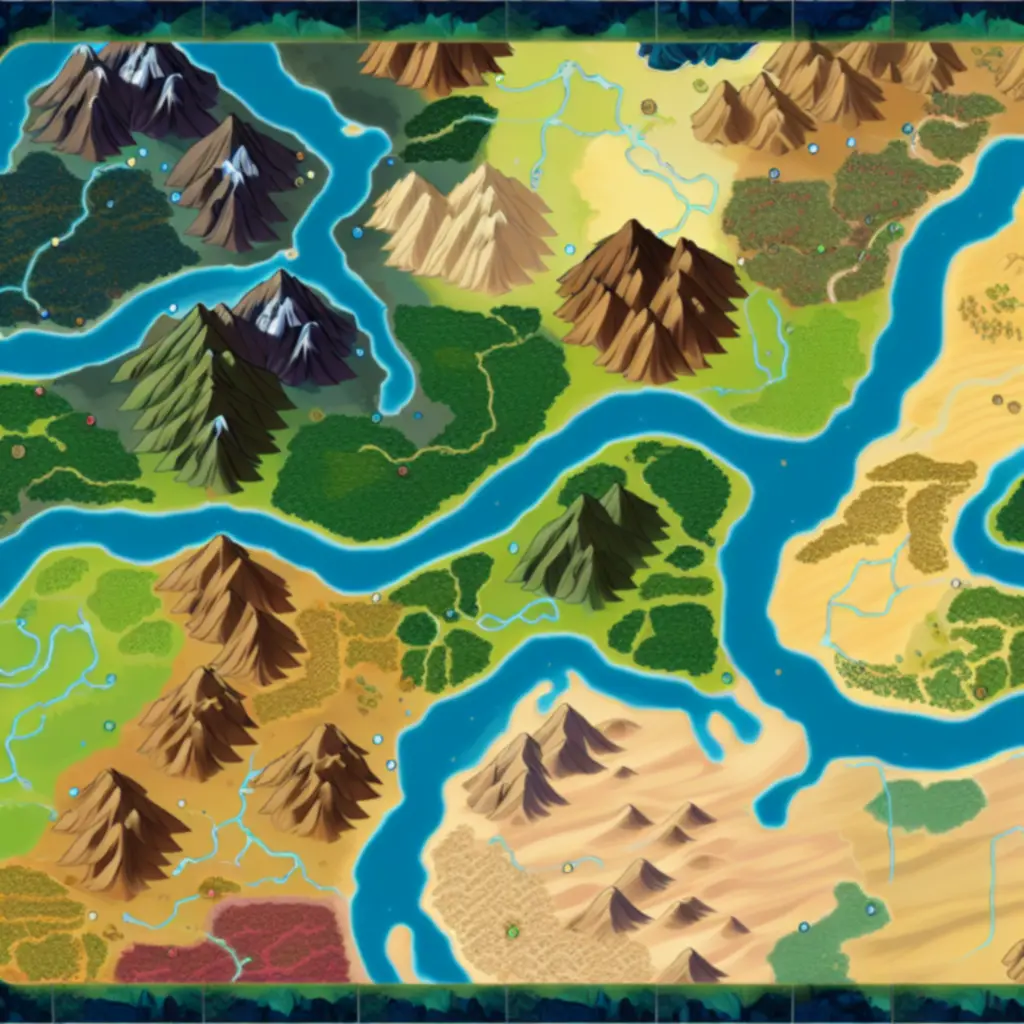 Mapa świata z zaznaczonymi biomami i ścieżkami eksploracji