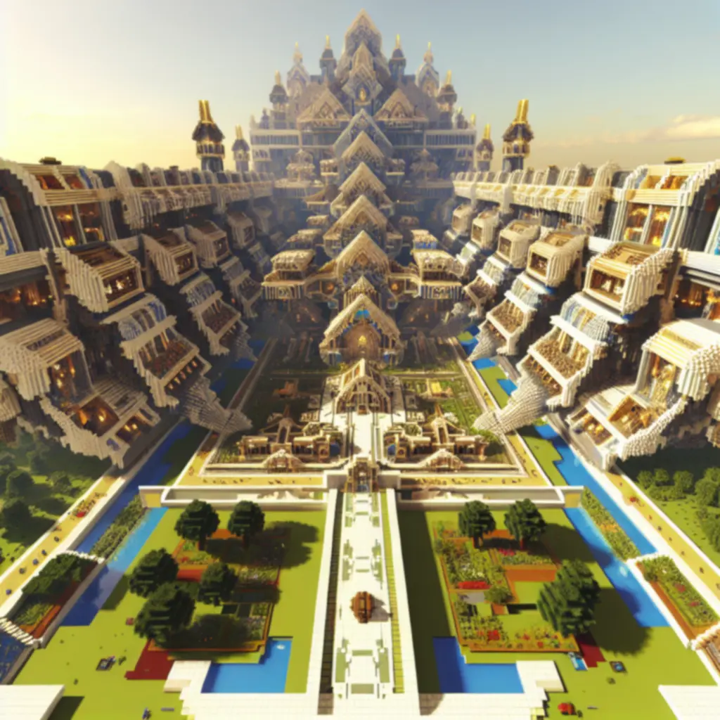 Monumentalna budowla Minecraft z bogatymi detalami i warstwową fasadą