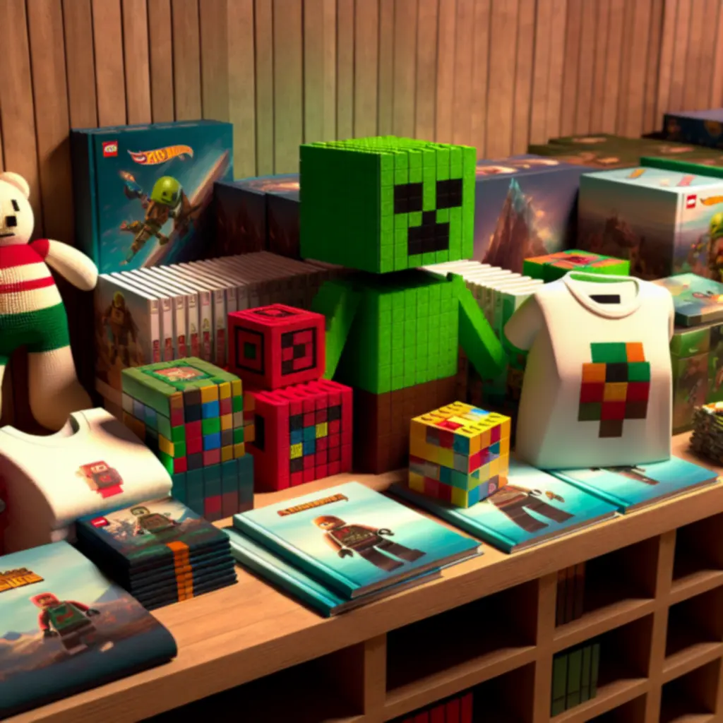 Zestaw oficjalnych gadżetów Minecraft ułożonych na drewnianym stole