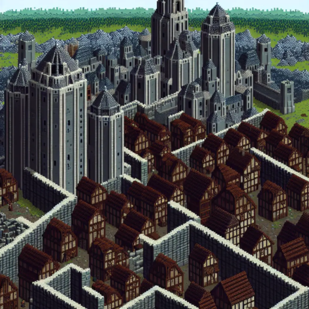 Rozległe średniowieczne miasto z wieżami i murami w Minecraft