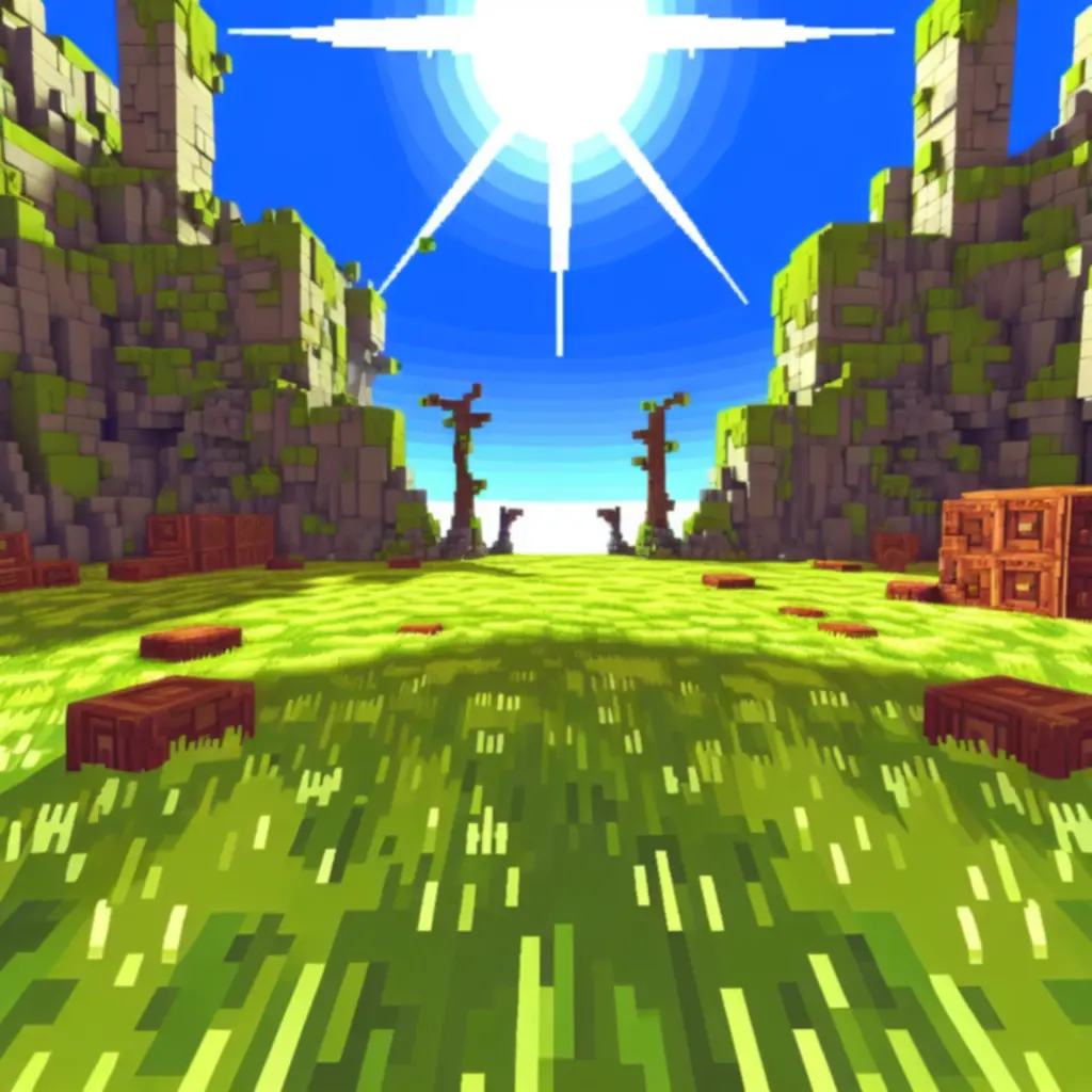 Pixelowa panorama świata Minecraft z blokami trawy, kamienia i drewna