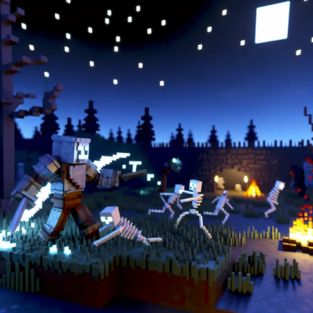 Gracz w zbroi żelaznej walczy z szkieletami nocą